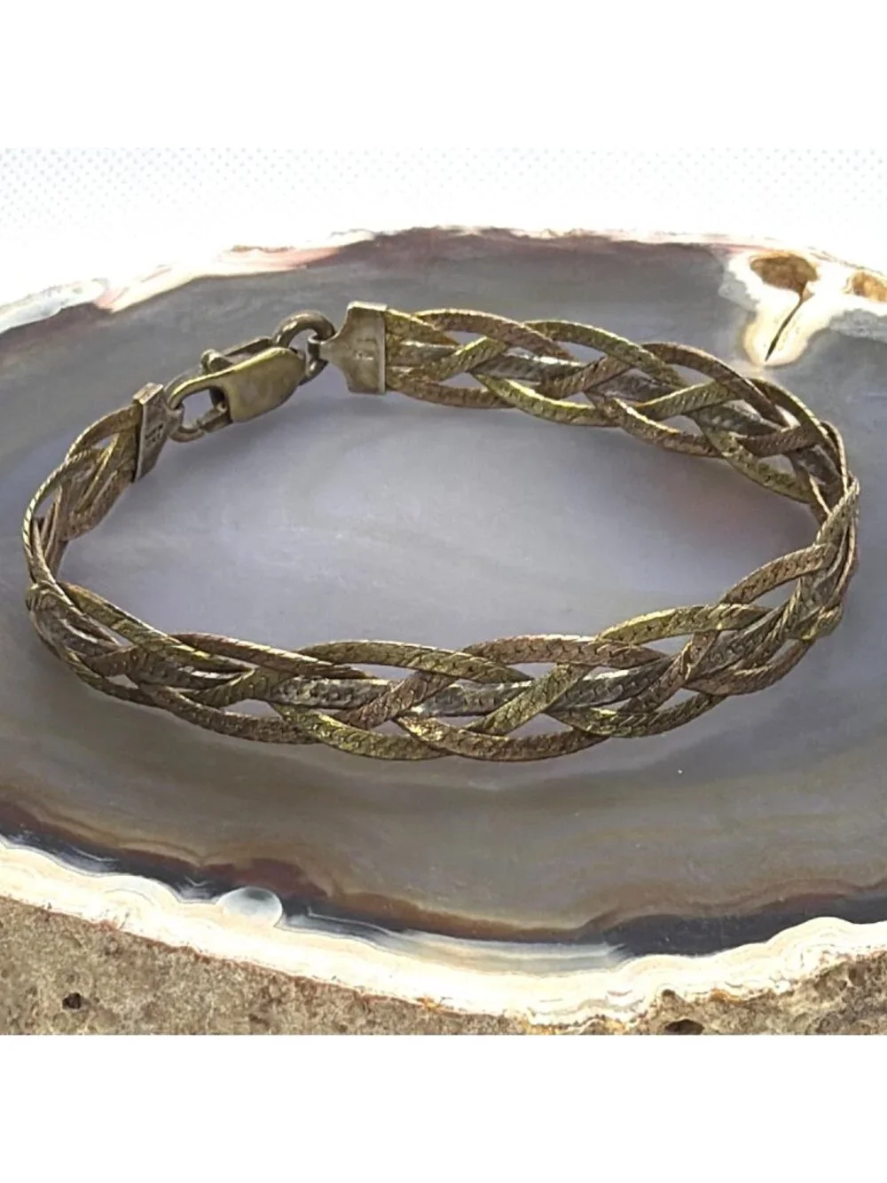VTG Milor Italy 925 Sterling Silver Tri Color Braided Herringbone Bracelet 7" - Picture 4 of 14